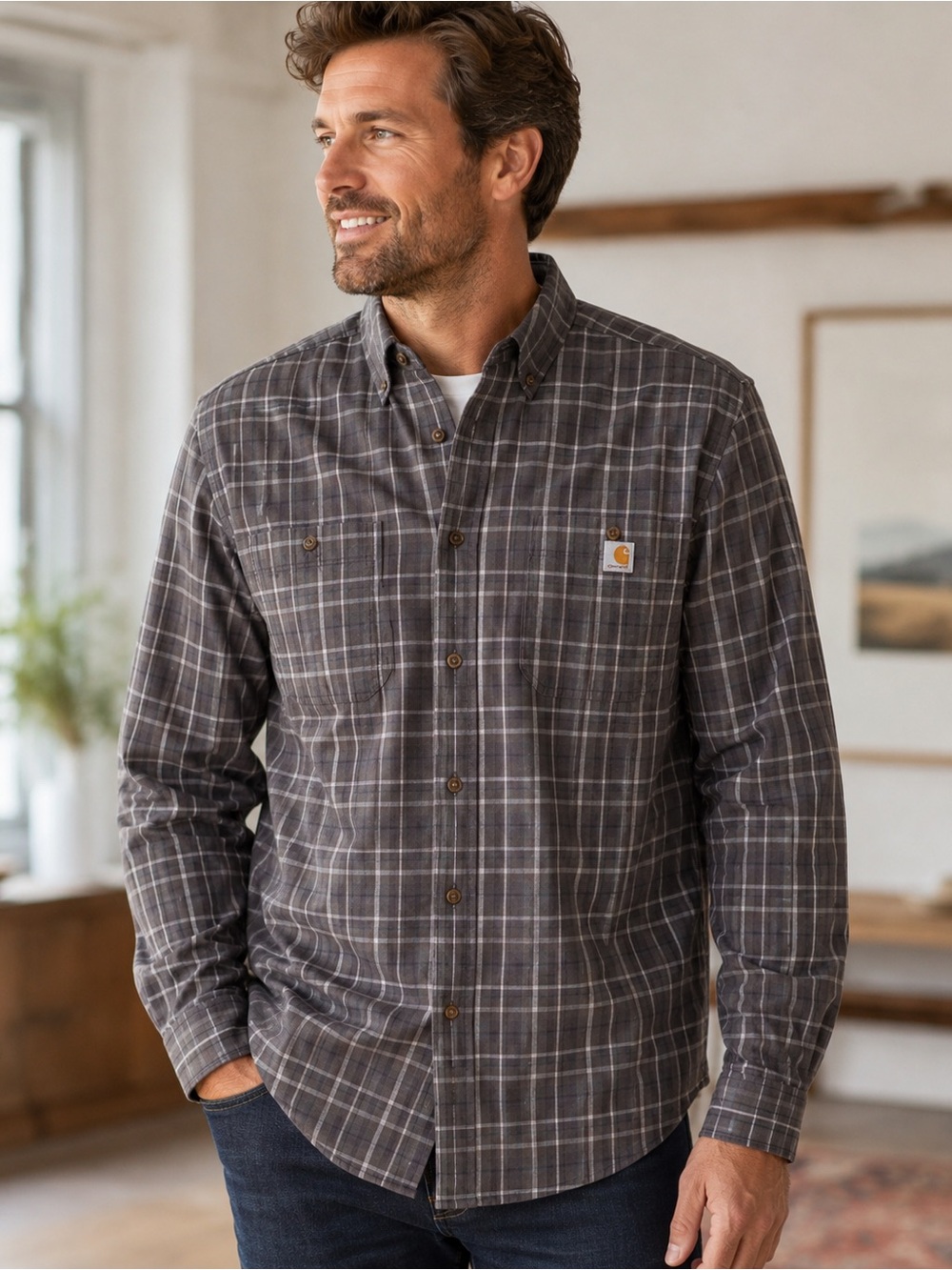 NWT Carhartt Rugged Flex Gray Plaid Flannel Shirt XL Tall Workwear Button Front